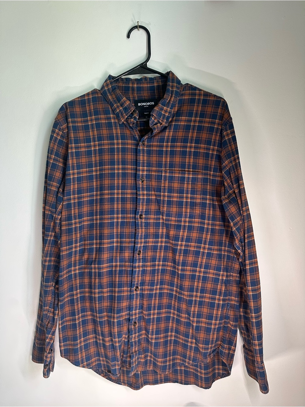 Bonobos Plaid Men’s Button-Down Flannel Shirt, Size Large, Navy Blue and Orange